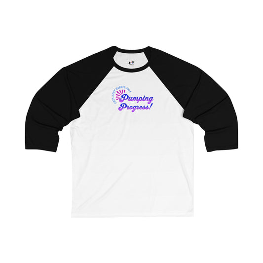 'President Harris 2024. Pumping Progress!' Unisex 3\4 Sleeve Baseball Tee.