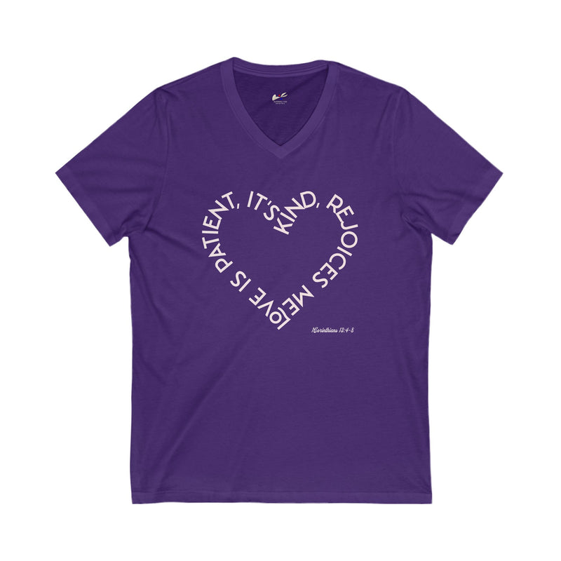" Love is patient, it's kind, it rejoices me" 1 Corinthias 13: 4-8 Unisex Jersey Short Sleeve V-Neck Tee.