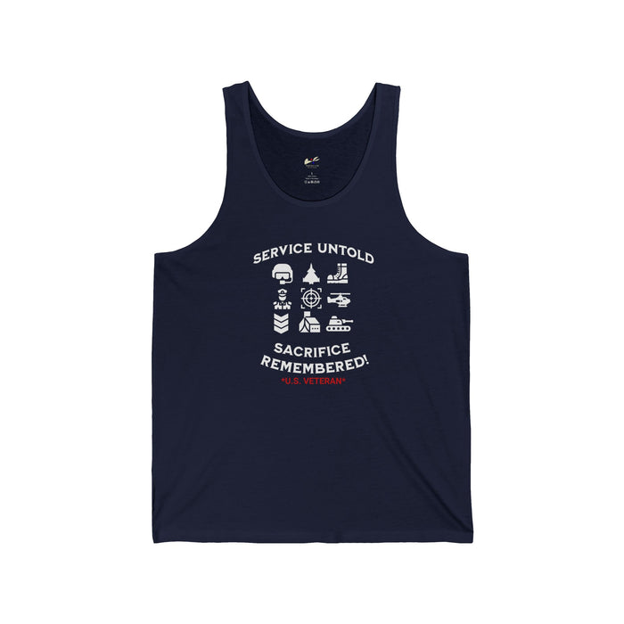 'Service Untold, Sacrifice Remembered! -U.S. Veteran.-' Unisex Jersey Tank.