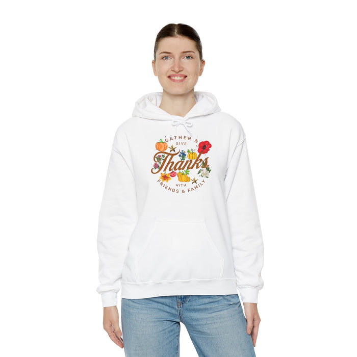 Gather and Give Thanks with Friends and Family' Unisex Heavy Blend™ Hooded Sweatshirt.