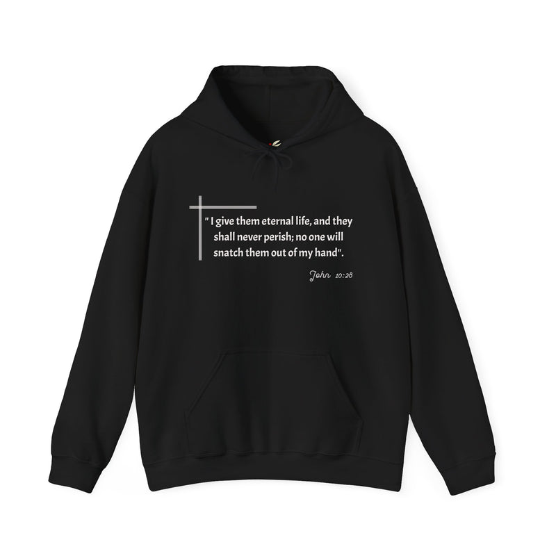 I give them eternal life and they shall never perish; no one will snatch them out of my hand". John 10:28  Unisex Heavy Blend™ Hooded Sweatshirt.