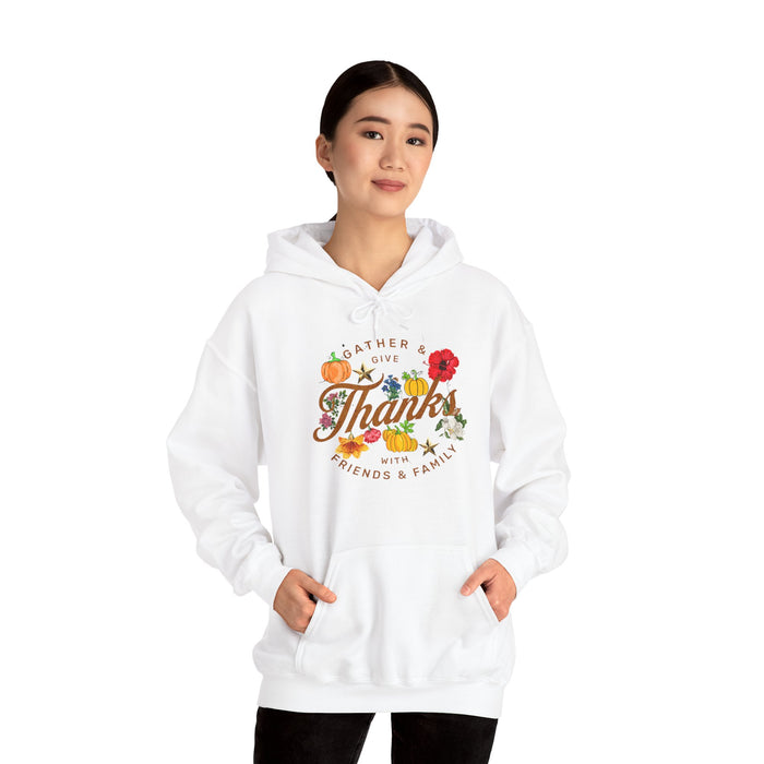 Gather and Give Thanks with Friends and Family' Unisex Heavy Blend™ Hooded Sweatshirt.