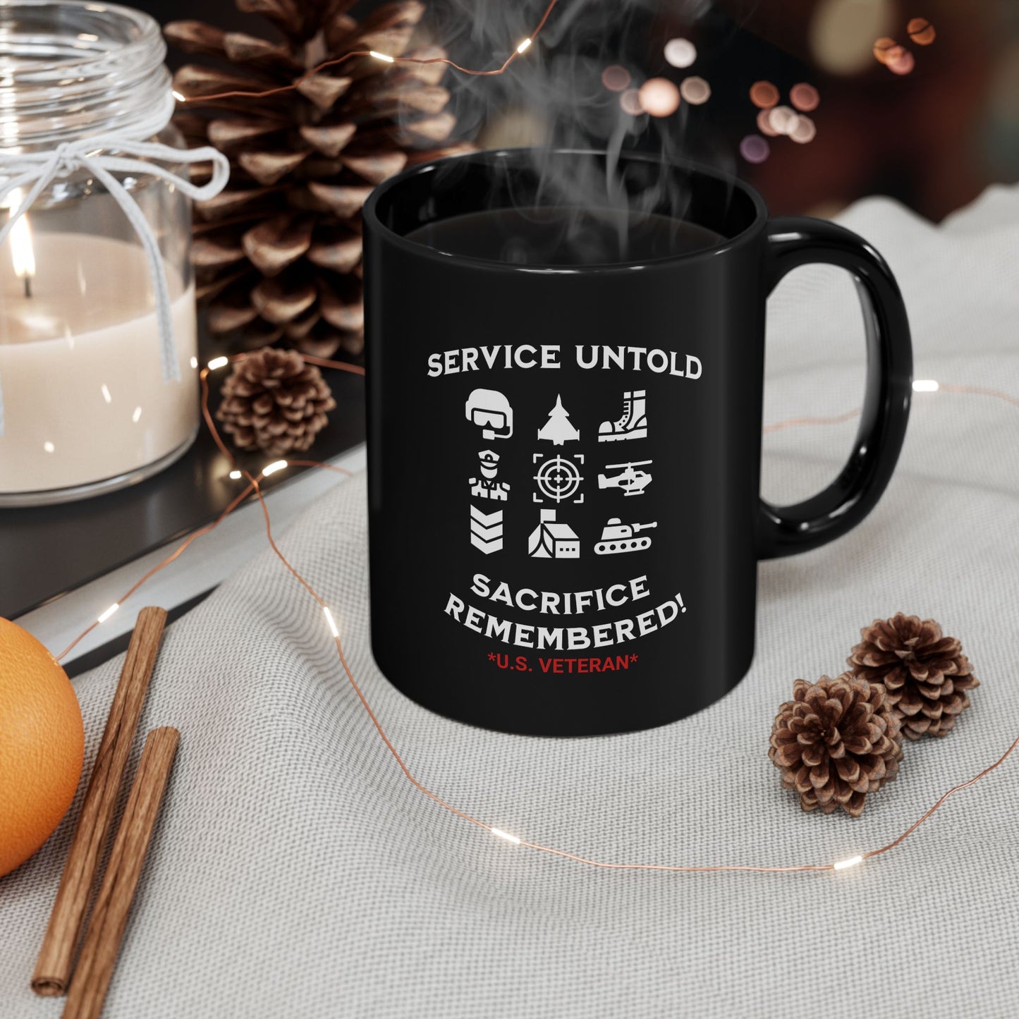 'Service Untold, Sacrifice Remembered! *U.S. Veteran*' Black Mug (11oz).