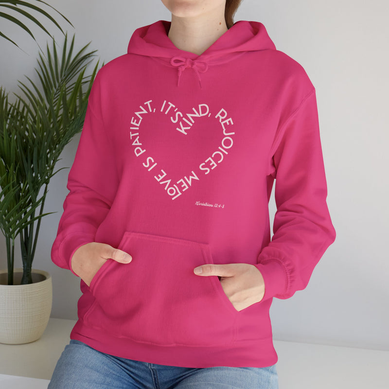 "Love is patient, it's kind, rejoices me" 1 Corinthians 13:4-8Unisex Heavy Blend™ Hooded Sweatshirt.