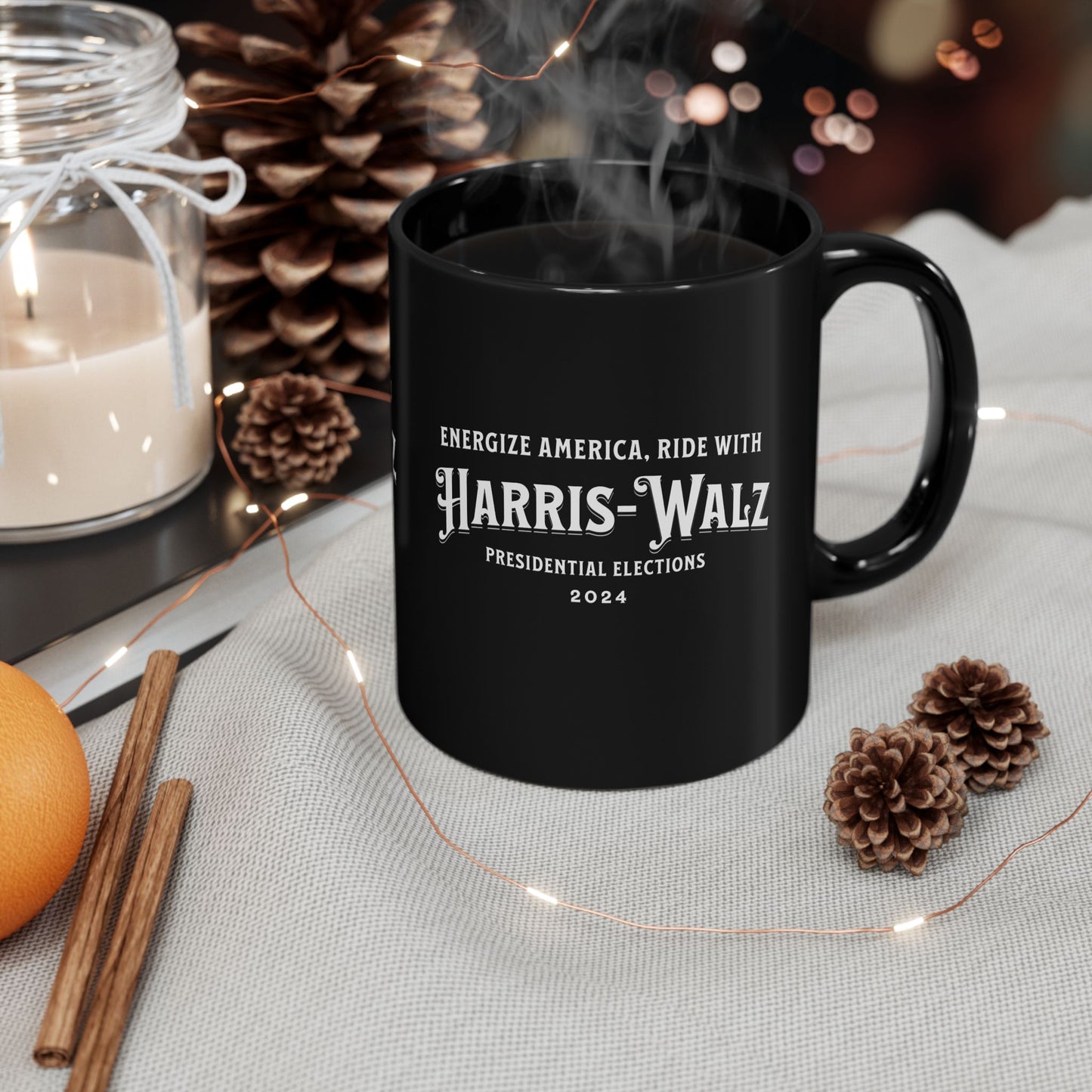 'Energize America, Ride With Harris-Walz! -Presidential Elections 2024-'. Black Ceramic Mug (11oz, 15oz).