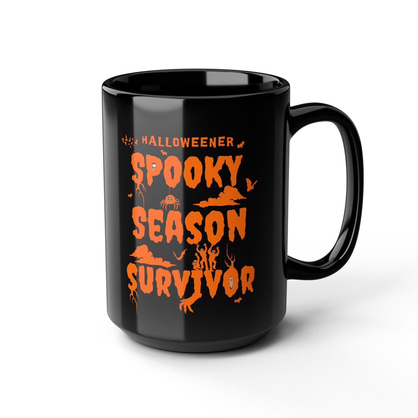 'Halloweener- Spooky Season Survivor' Black Mug. (15oz)