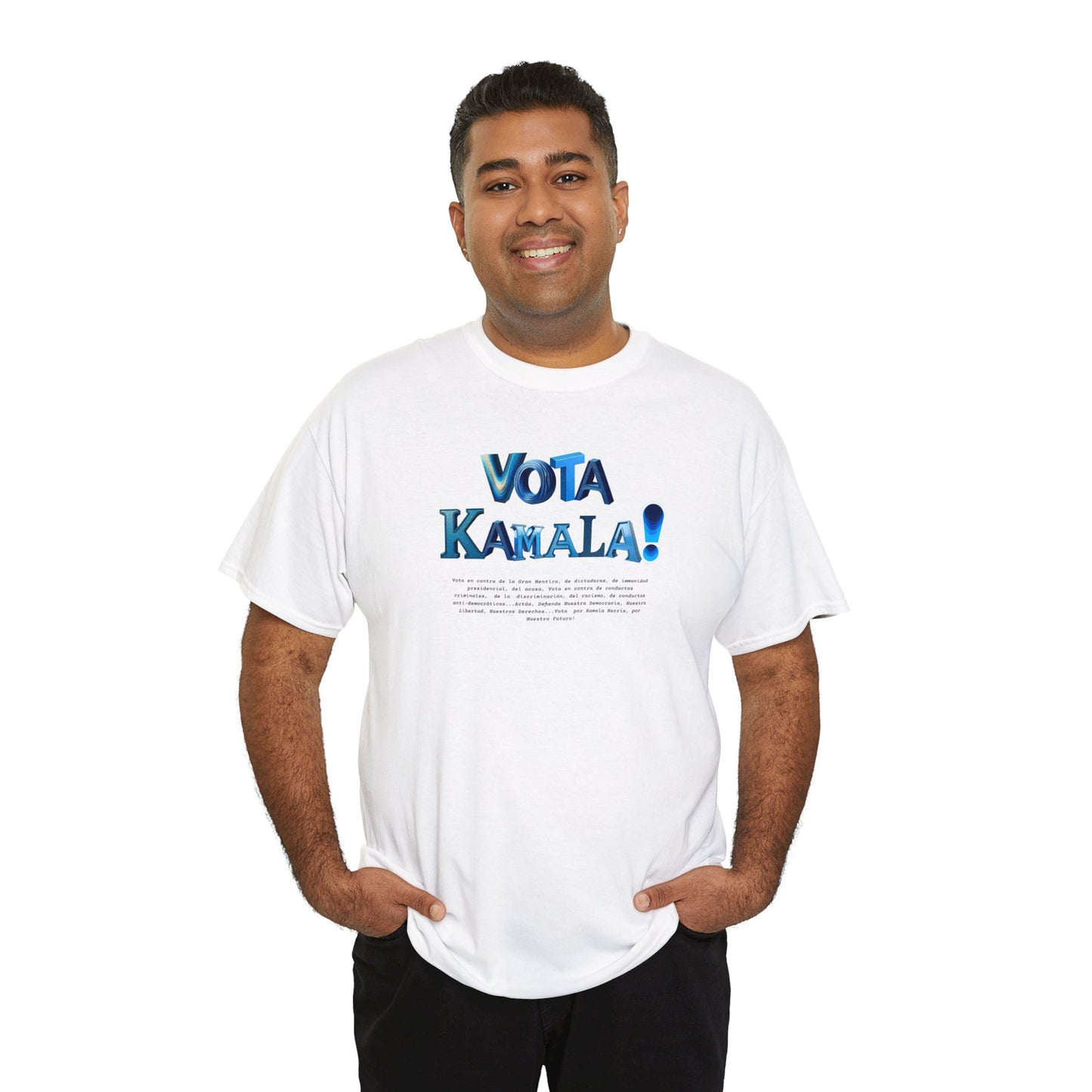 'Vota Kamala!, Vota en contra de la Gran Mentira, de dictaduras, de immunidad presidencial,  del acoso, Vota en contra de conductas criminales...' Unisex Heavy Cotton Tee