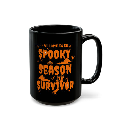 'Halloweener- Spooky Season Survivor' Black Mug. (15oz)