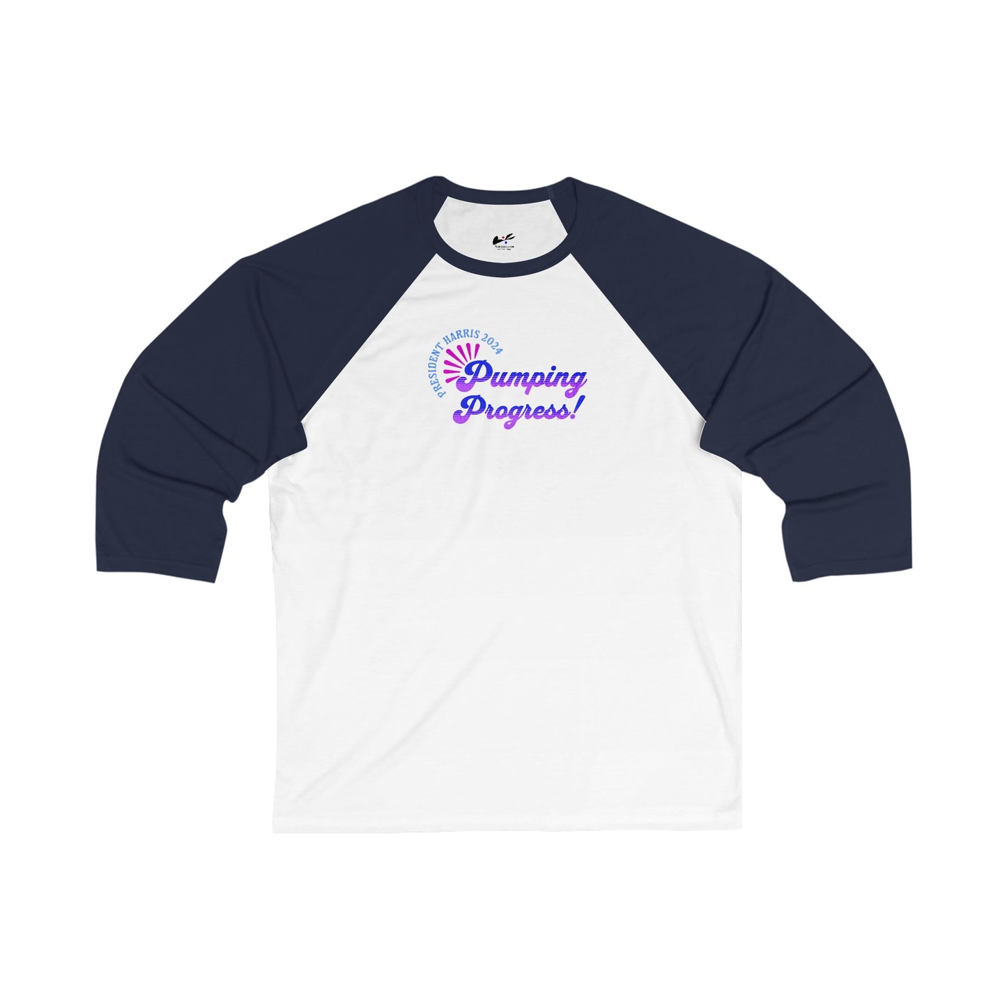 'President Harris 2024. Pumping Progress!' Unisex 3\4 Sleeve Baseball Tee.