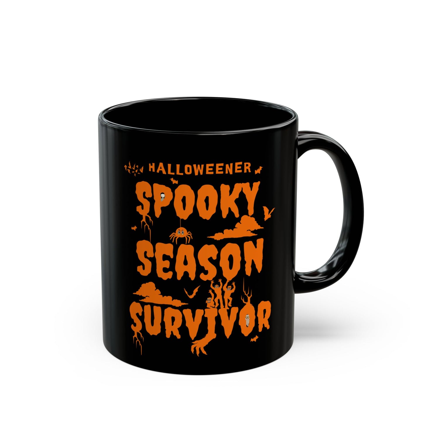 'Halloweener- Spooky Season Survivor' Black Mug. (15oz)