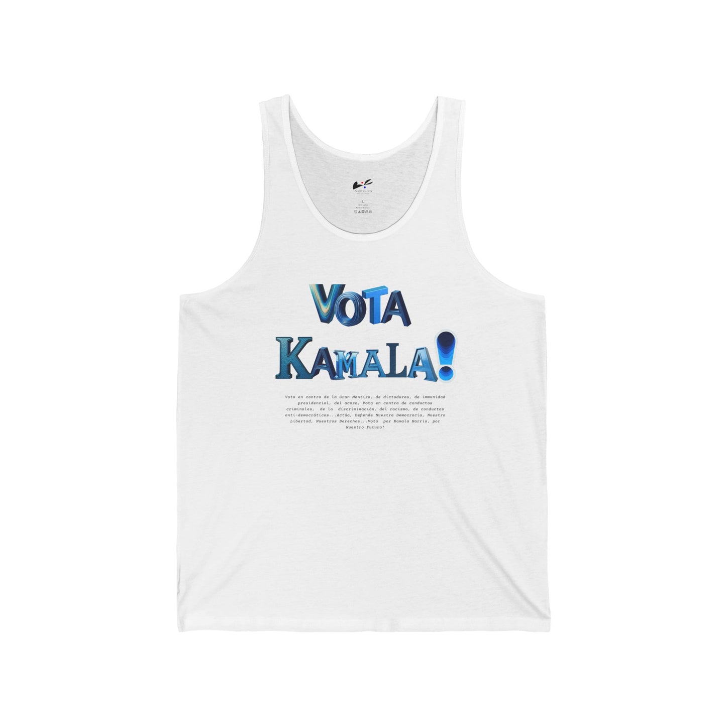 'Vota Kamala! Vota en contra de La Gran Mentira, de dictaduras, de immunidad presidencial, del acoso, Vota en contra de conductas criminales...' Unisex Jersey Tank