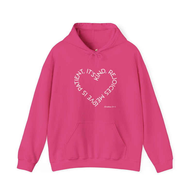 "Love is patient, it's kind, rejoices me" 1 Corinthians 13:4-8Unisex Heavy Blend™ Hooded Sweatshirt.