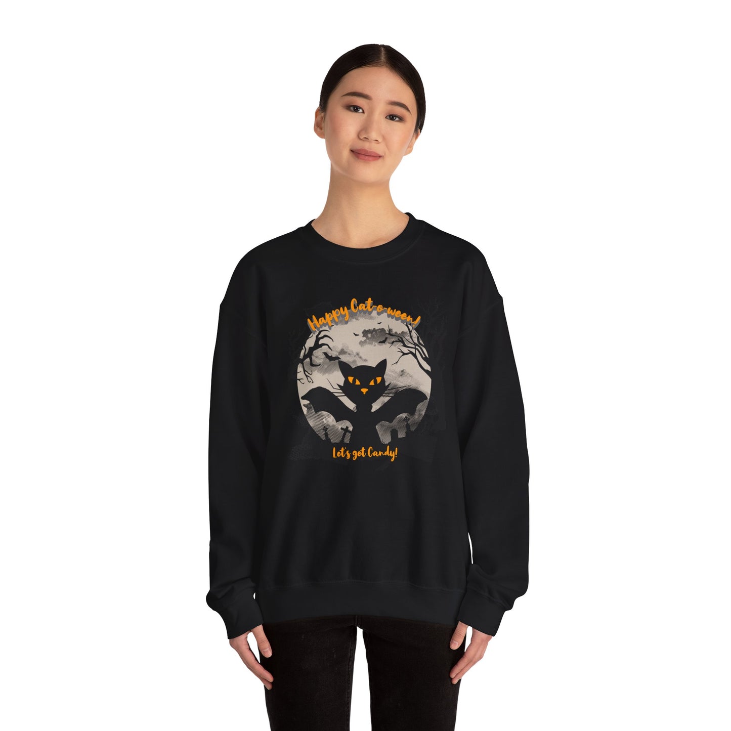 'Happy Cat-o-ween! Let's Get Candy!' Unisex Heavy Blend™ Crewneck Sweatshirt.