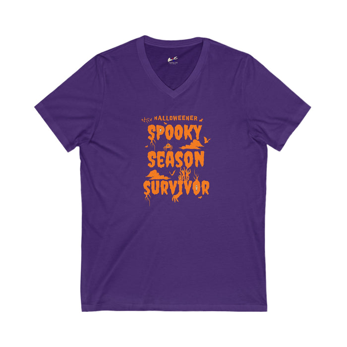 'Spooky Season Survivor' Unisex Jersey Short Sleeve V-Neck Tee.