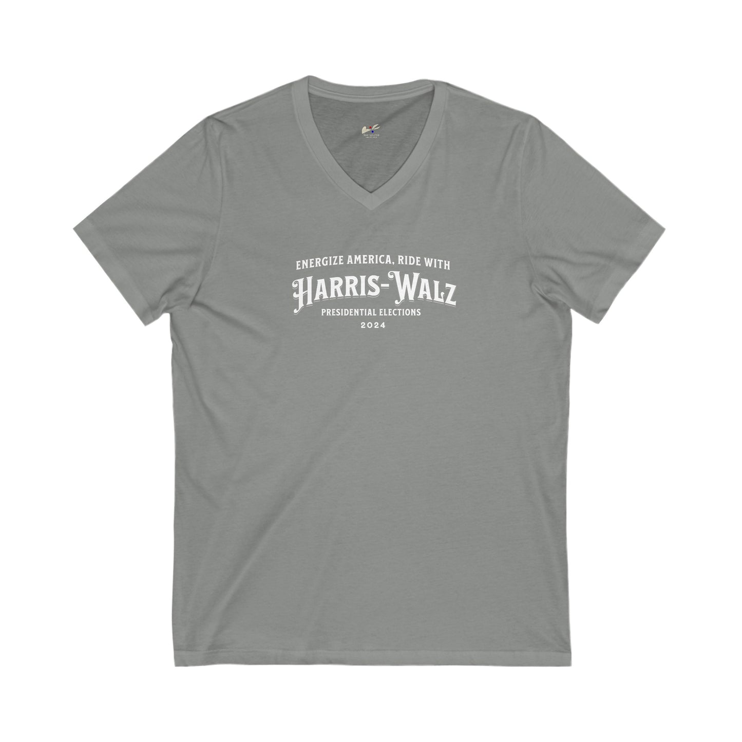 'Energize America, Ride With Harris-Walz! -Presidential Elections 2024-' Unisex Jersey Short Sleeve V-Neck Tee.