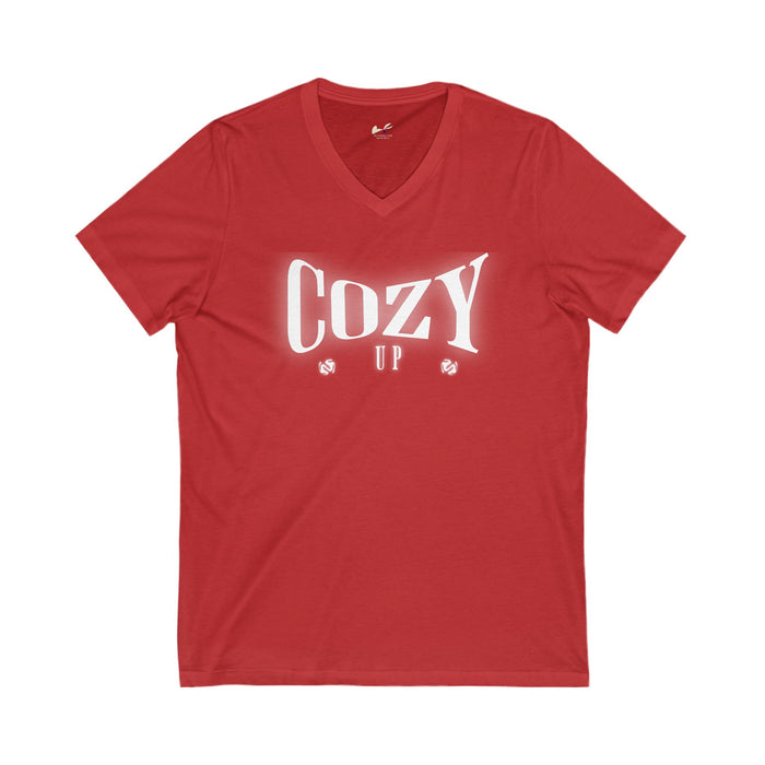 'Cozy Up' Unisex Jersey Short Sleeve V-Neck Tee.