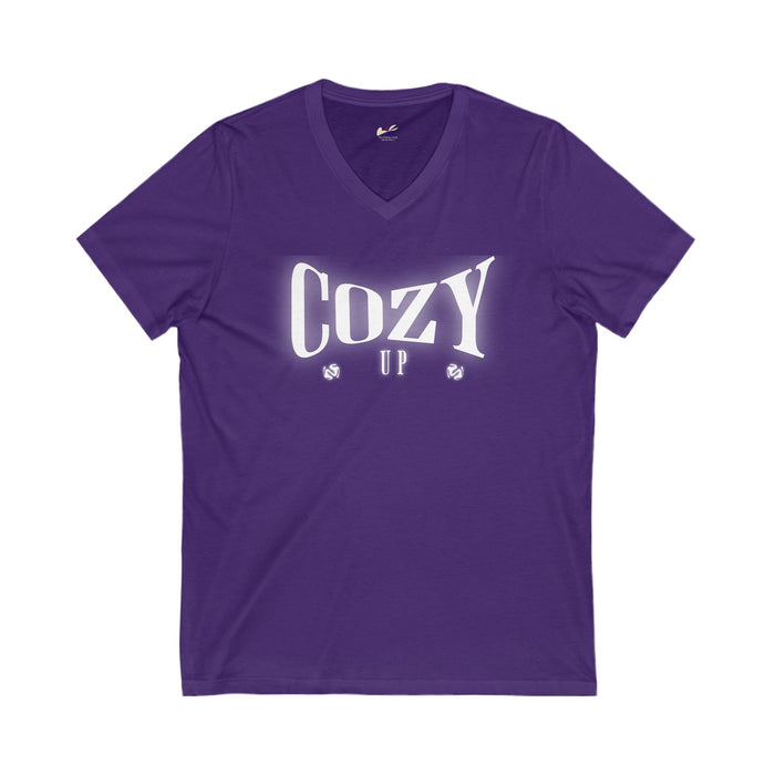 'Cozy Up' Unisex Jersey Short Sleeve V-Neck Tee.