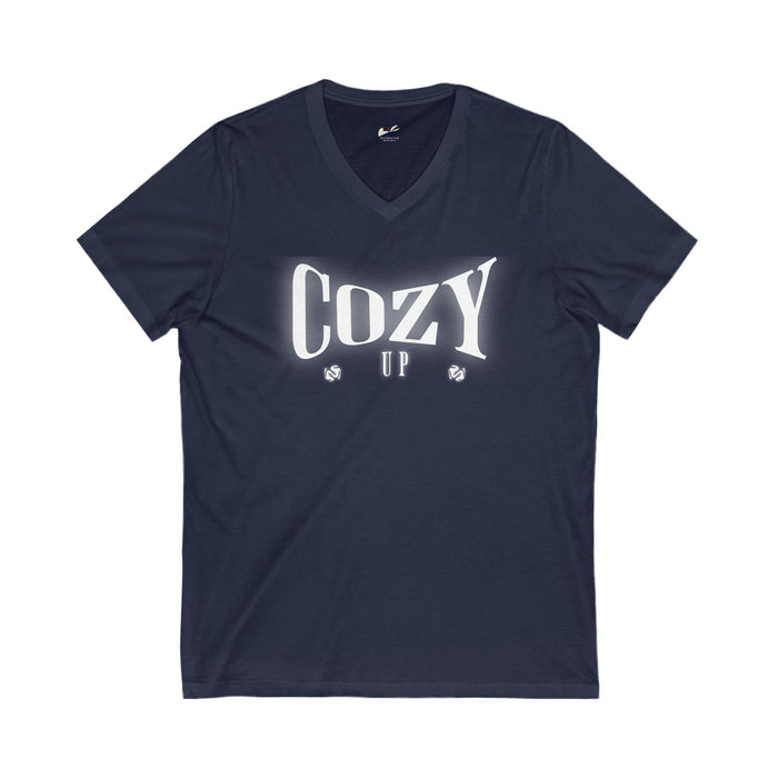 'Cozy Up' Unisex Jersey Short Sleeve V-Neck Tee.