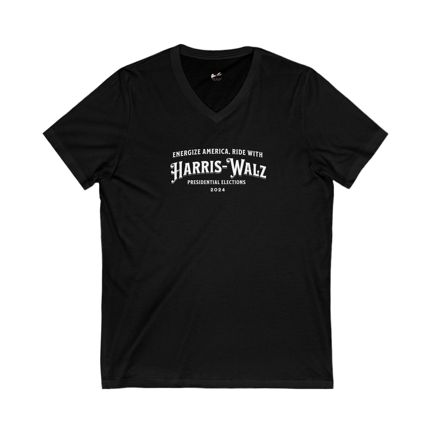 'Energize America, Ride With Harris-Walz! -Presidential Elections 2024-' Unisex Jersey Short Sleeve V-Neck Tee.