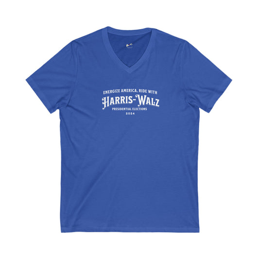 'Energize America, Ride With Harris-Walz! -Presidential Elections 2024-' Unisex Jersey Short Sleeve V-Neck Tee.