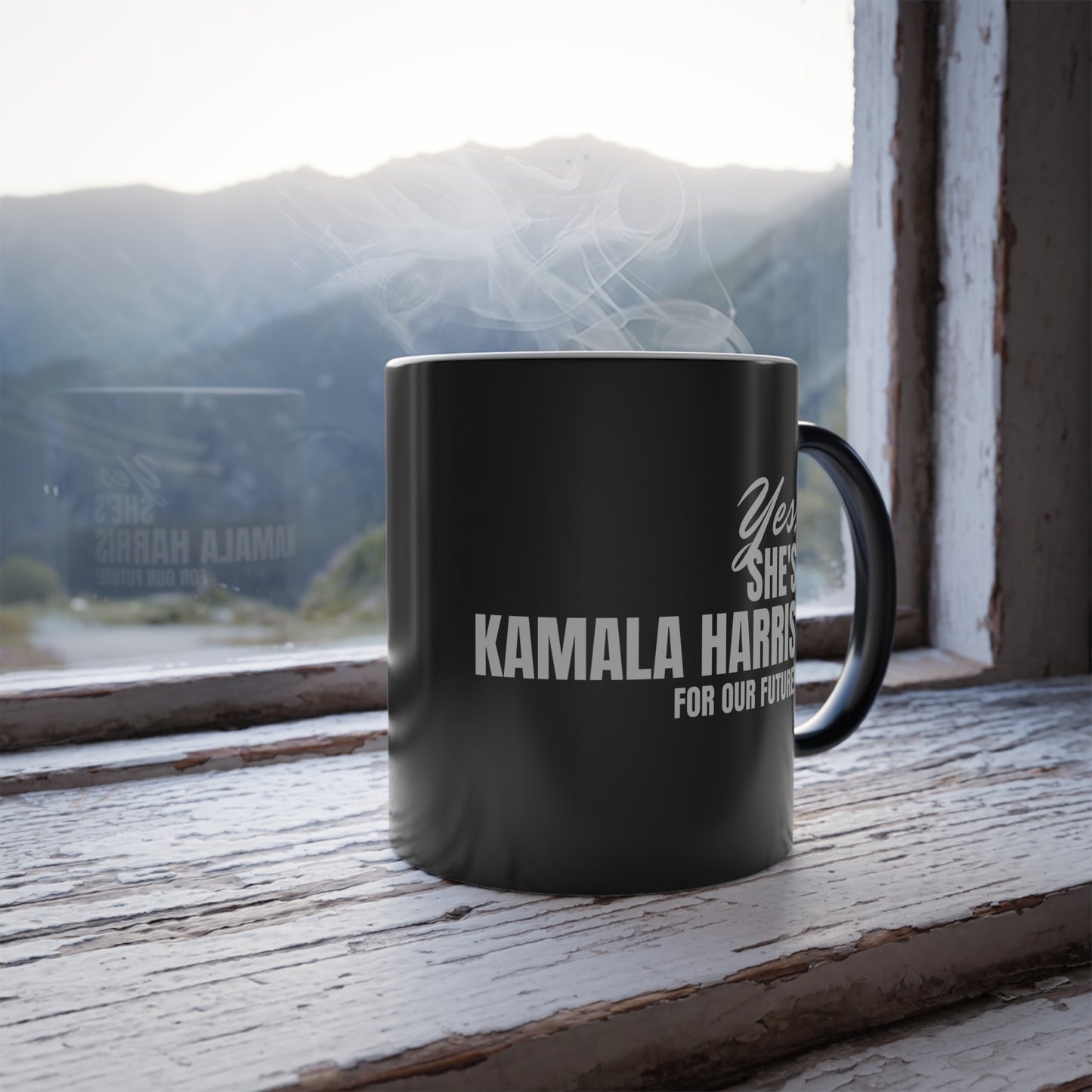 'Yes, She's Kamala Harris For Our Future!'. Color Morphing Mug, 11oz.