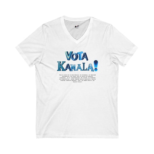 'Vota Kamala! Vota en contra de La Gran Mentira, de dictaduras, de immunidad presidencial,  del acoso, Vota en contra de conductas criminales...'  Unisex Jersey Short Sleeve V-Neck Tee