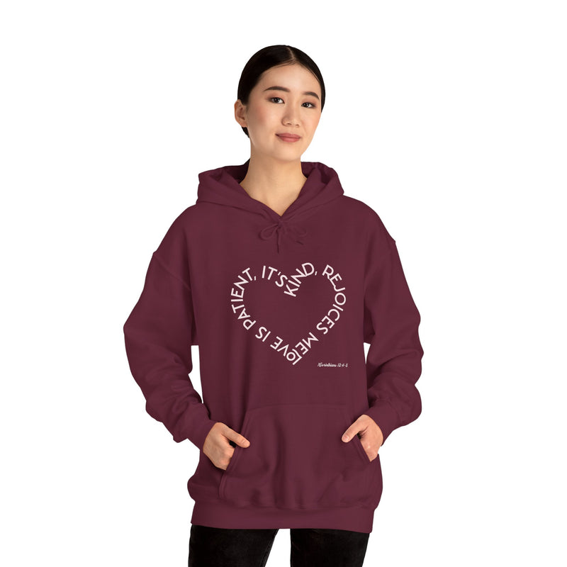 "Love is patient, it's kind, rejoices me" 1 Corinthians 13:4-8Unisex Heavy Blend™ Hooded Sweatshirt.