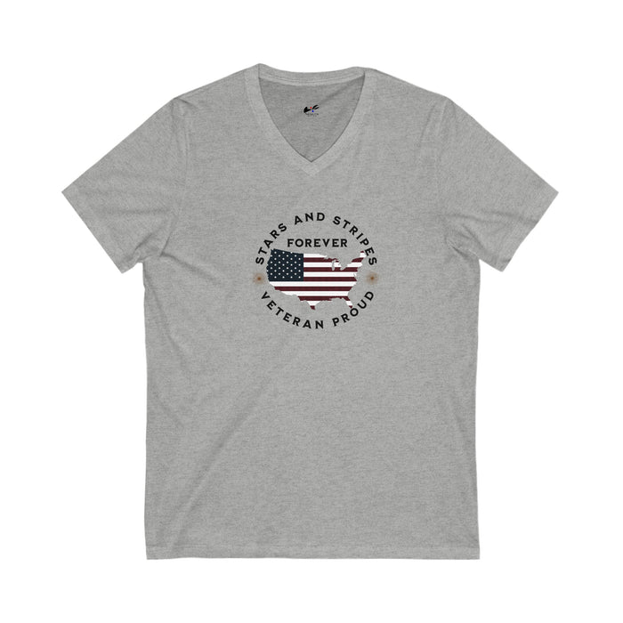 'Stars and Stripes Forever  -Veteran Proud-'. Unisex Jersey Short Sleeve V-Neck Tee.