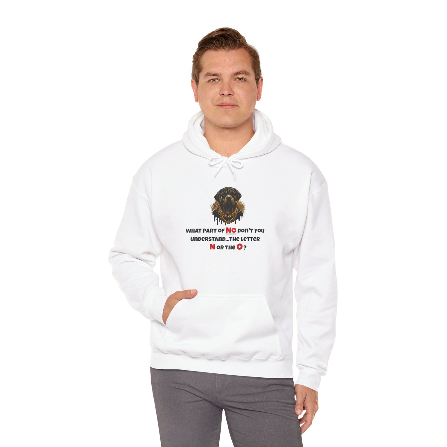 'What Part Of NO Don't You Understand, The Letter N or The O?' Unisex Heavy Blend™ Hooded Sweatshirt.