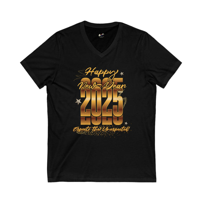 'Happy New Year 2025, Expect the Unexpected' Unisex Jersey Short Sleeve V-Neck Tee.