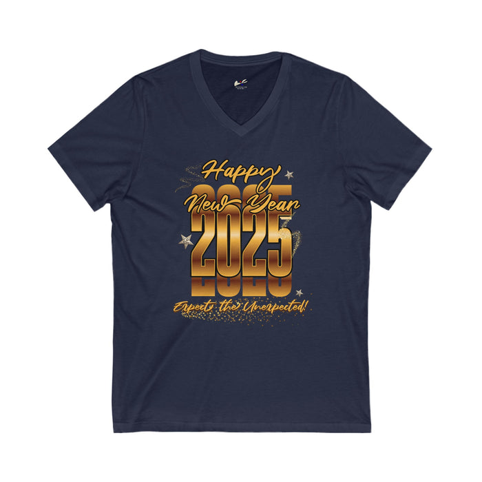 'Happy New Year 2025, Expect the Unexpected' Unisex Jersey Short Sleeve V-Neck Tee.