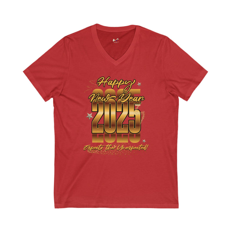 'Happy New Year 2025, Expect the Unexpected' Unisex Jersey Short Sleeve V-Neck Tee.