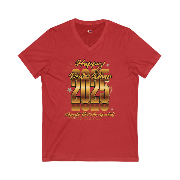 'Happy New Year 2025, Expect the Unexpected' Unisex Jersey Short Sleeve V-Neck Tee.