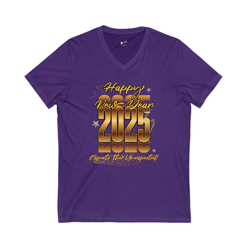 'Happy New Year 2025, Expect the Unexpected' Unisex Jersey Short Sleeve V-Neck Tee.