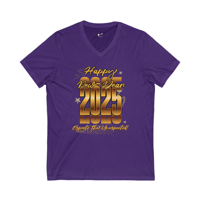 'Happy New Year 2025, Expect the Unexpected' Unisex Jersey Short Sleeve V-Neck Tee.