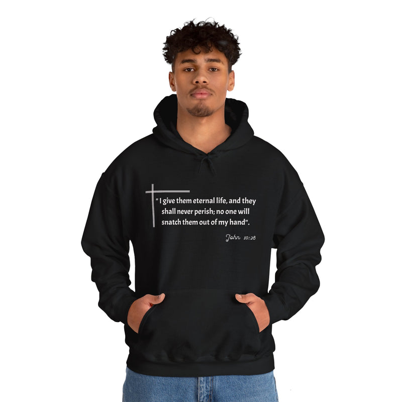 I give them eternal life and they shall never perish; no one will snatch them out of my hand". John 10:28  Unisex Heavy Blend™ Hooded Sweatshirt.