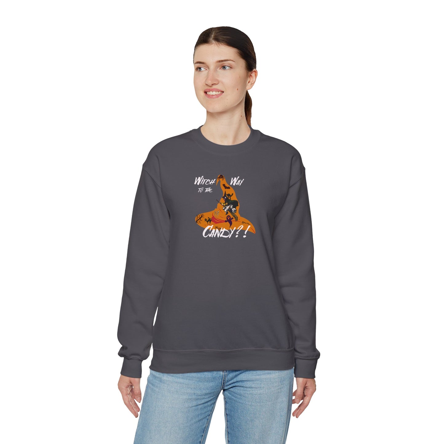 'Witch way to the Candy?!' Unisex Heavy Blend™ Crewneck Sweatshirt.