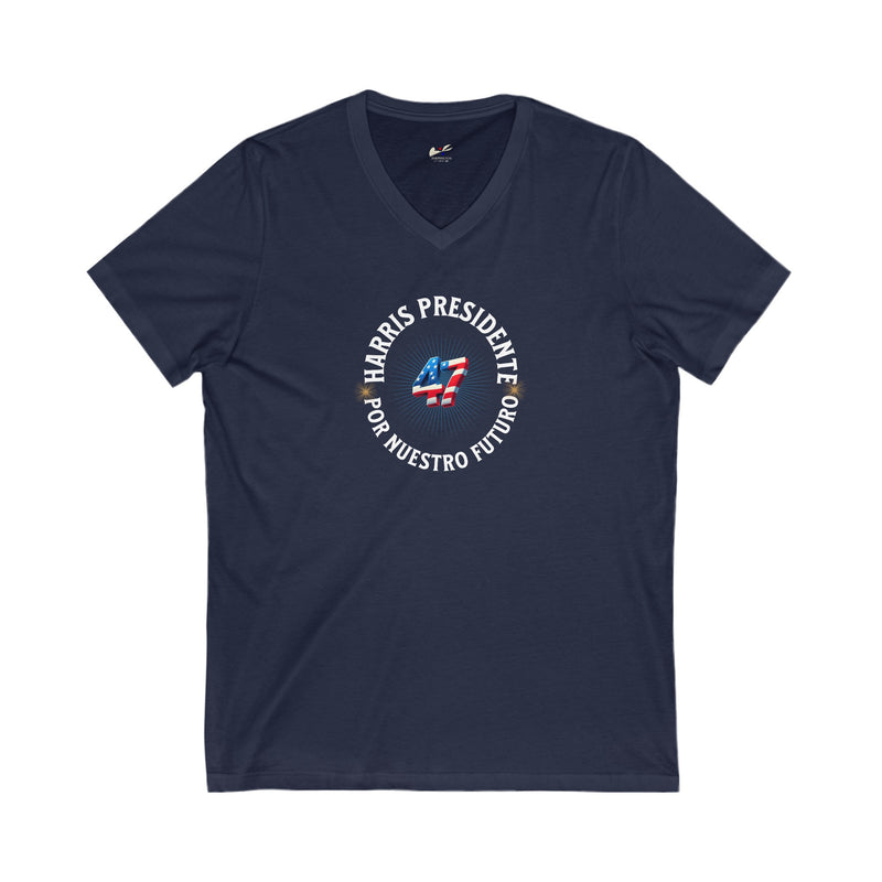 'Harris Presidente -47- Por Nuestro Futuro' Unisex Jersey Short Sleeve V-Neck Tee.