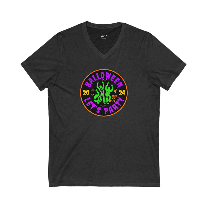 'Halloween 2024-Let's Party' Unisex Jersey Short Sleeve V-Neck Tee.