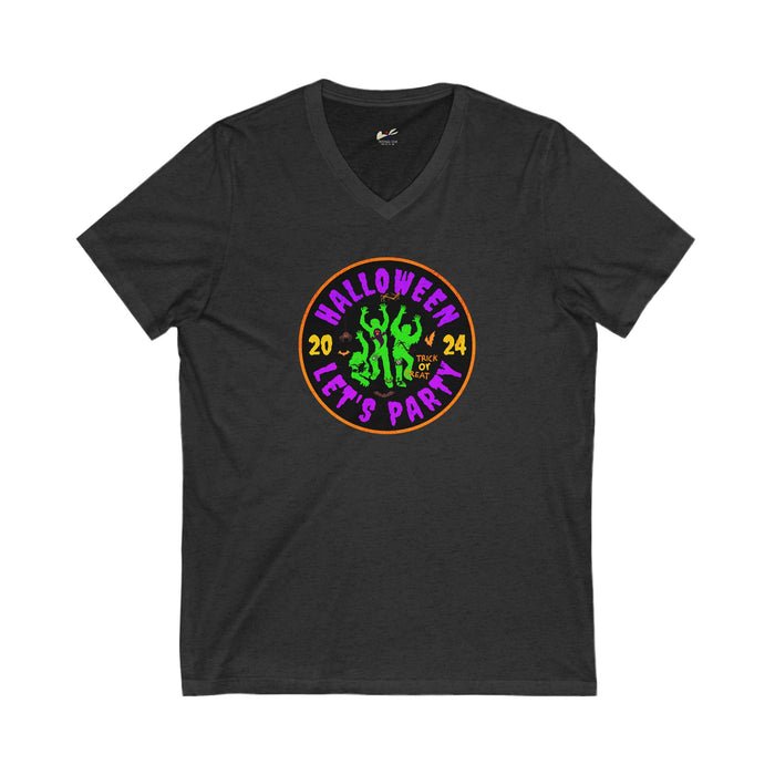 'Halloween 2024-Let's Party' Unisex Jersey Short Sleeve V-Neck Tee.