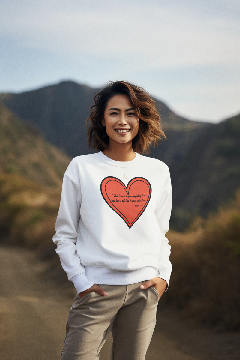 "But I trust in your unfailing love; my heart rejoices in your salvation" Psalm 13:5 Unisex Heavy Blend™ Crewneck Sweatshirt.