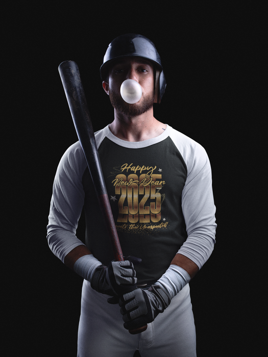 'Happy New Year 2025, Expect The Unexpected' Unisex 3\4 Sleeve Baseball Tee.