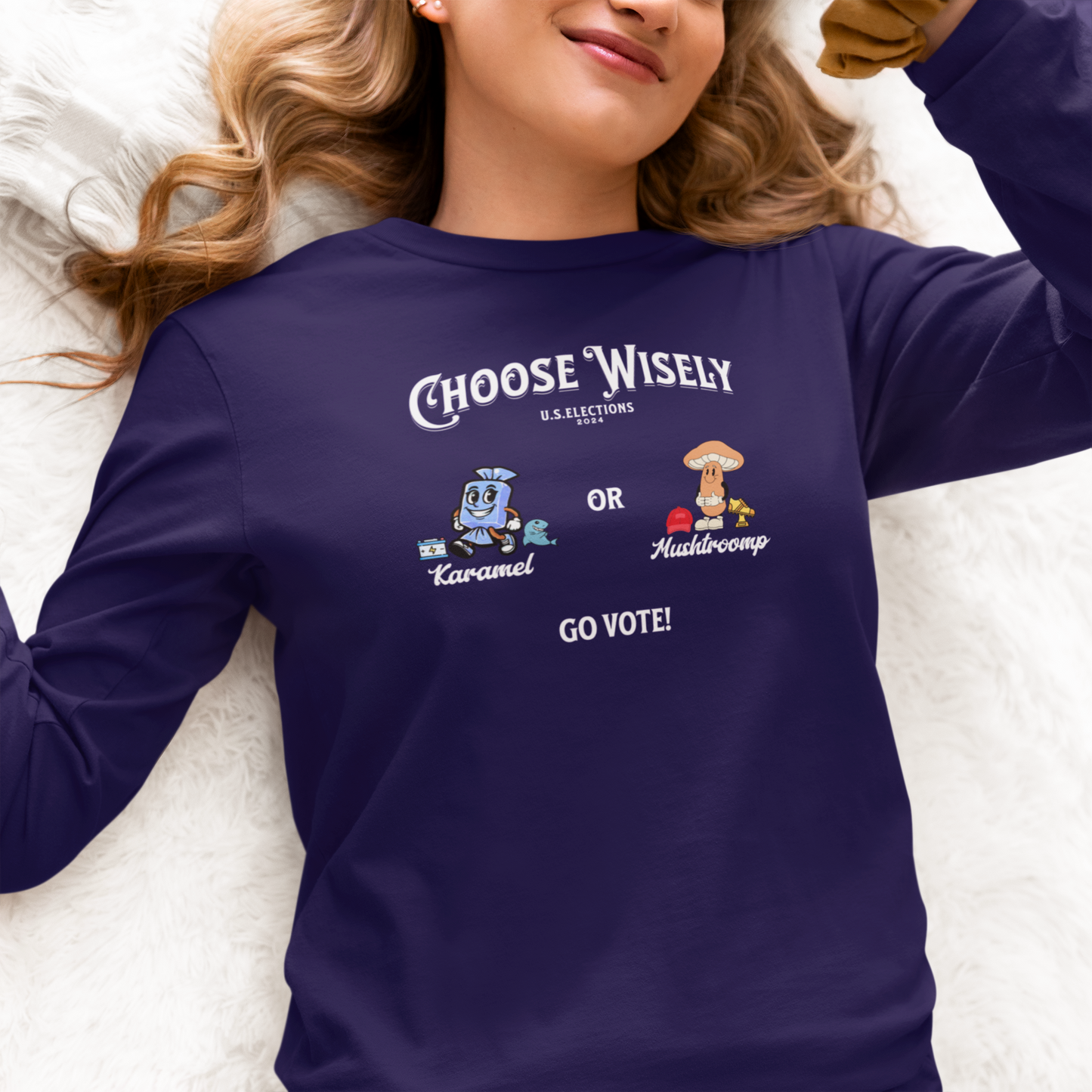 'Choose Wisely- U.S. Elections 2024- Karamel or Mushtrump...Go Vote!', Unisex Ultra Cotton Long Sleeve Tee.