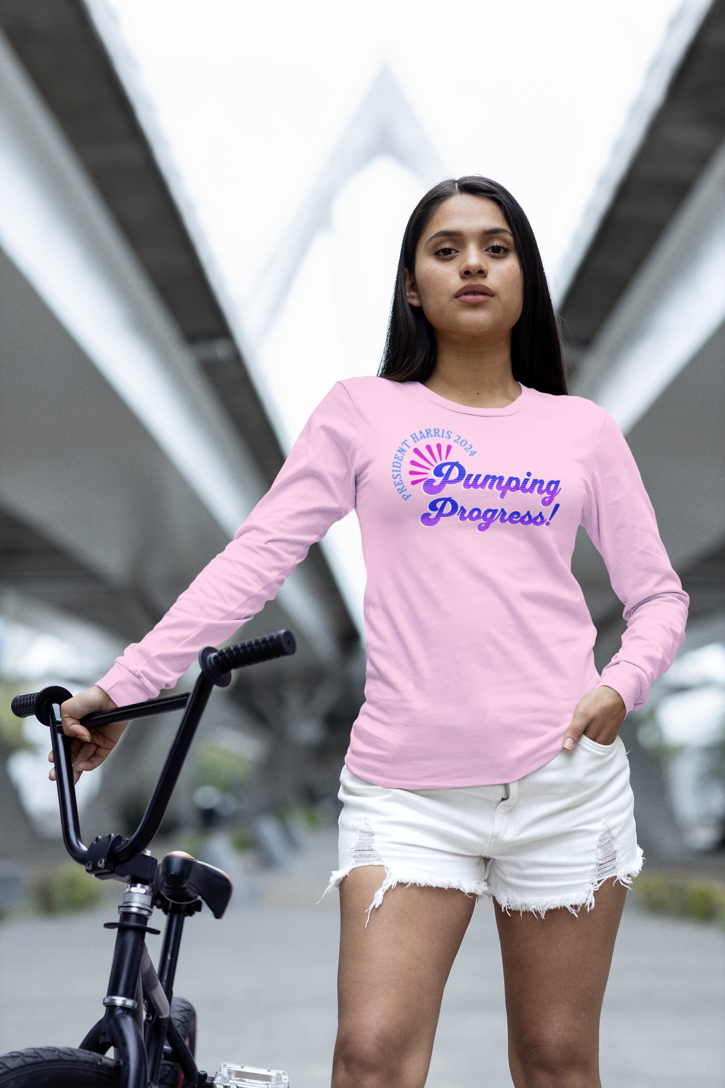 'President Harris 2024. Pumping Progress!' Unisex Ultra Cotton Long Sleeve Tee.