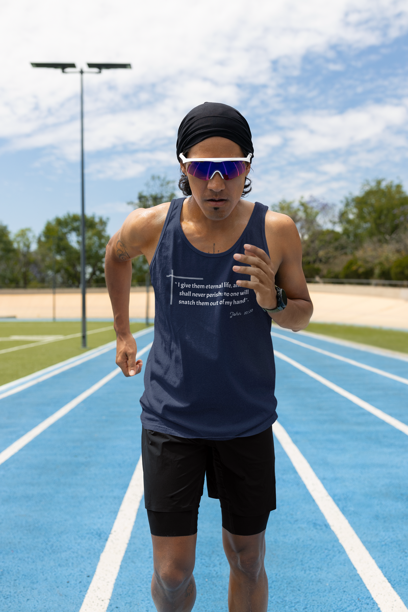 "I give them eternal life and they shall never perish; no one will snatch them out of my hand" John 10:28 Unisex Jersey Tank.