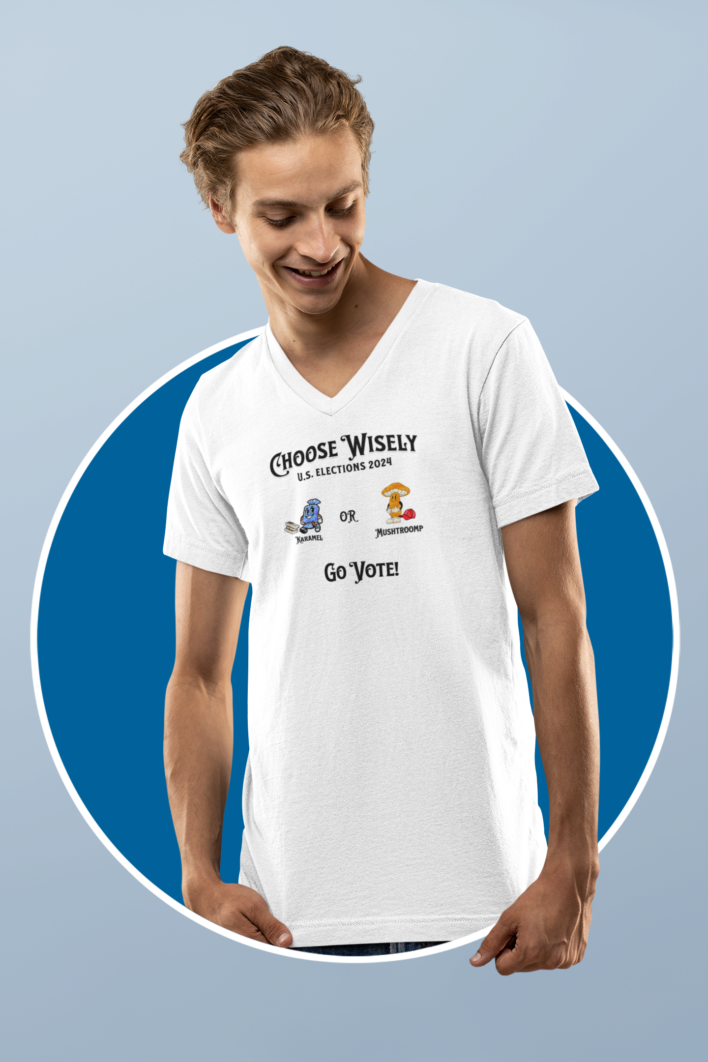 'Choose Wisely-U.S. Elections 2024...Karamel or  Mushtroomp...Go Vote!' Unisex Jersey Short Sleeve V-Neck Tee.