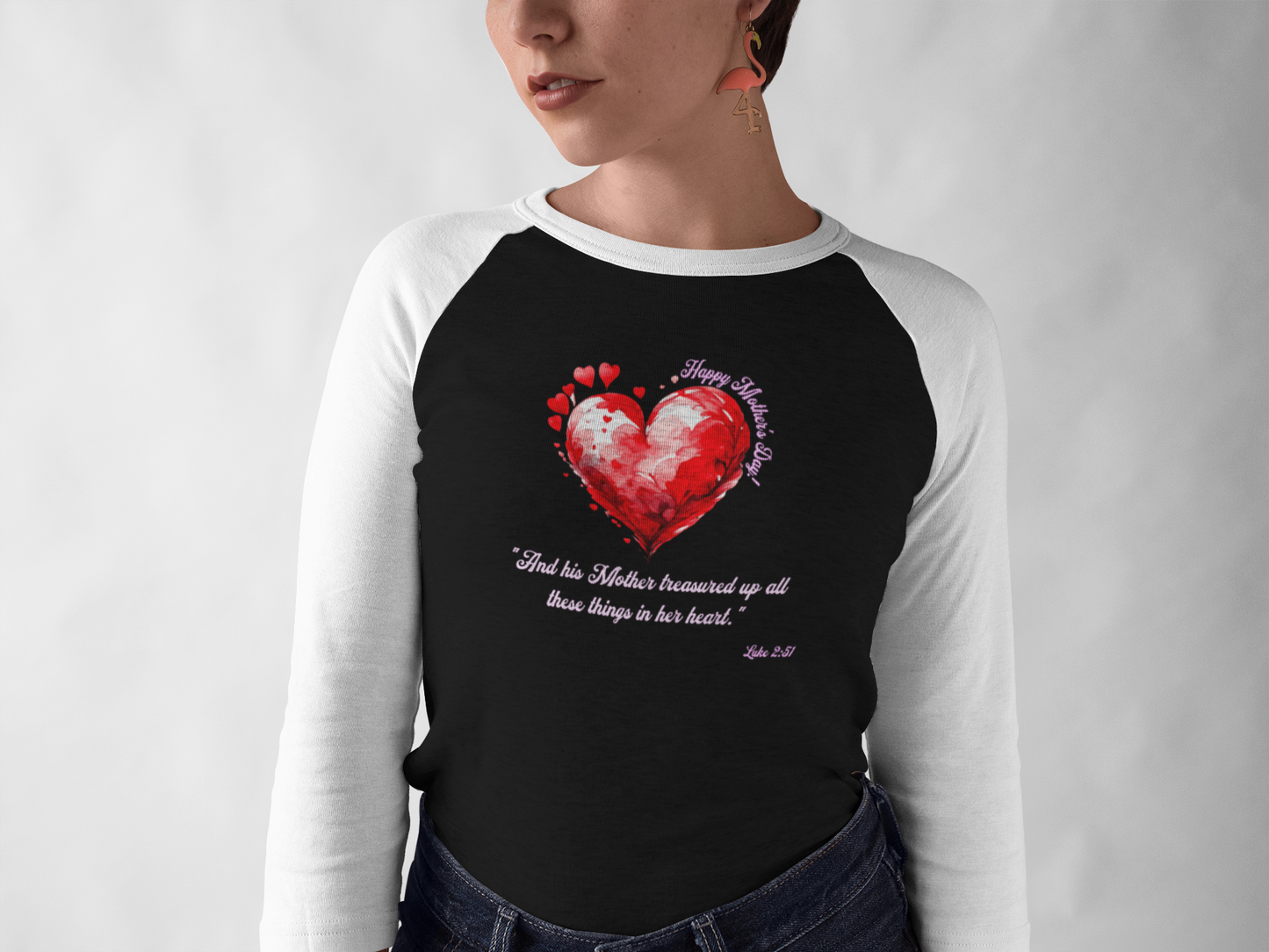 'Happy Mother's Day! "And His Mother Treasured Up All These Things In Her Heart"  2:51' Unisex 3\4 Sleeve Baseball Tee.