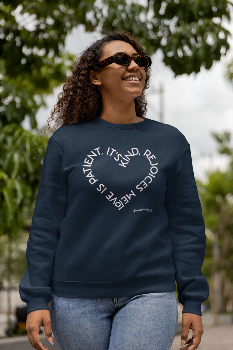 "Love is patient, it's kind, rejoices me"  1 Corinthians 13: 4-8. Unisex Heavy Blend™ Crewneck Sweatshirt.