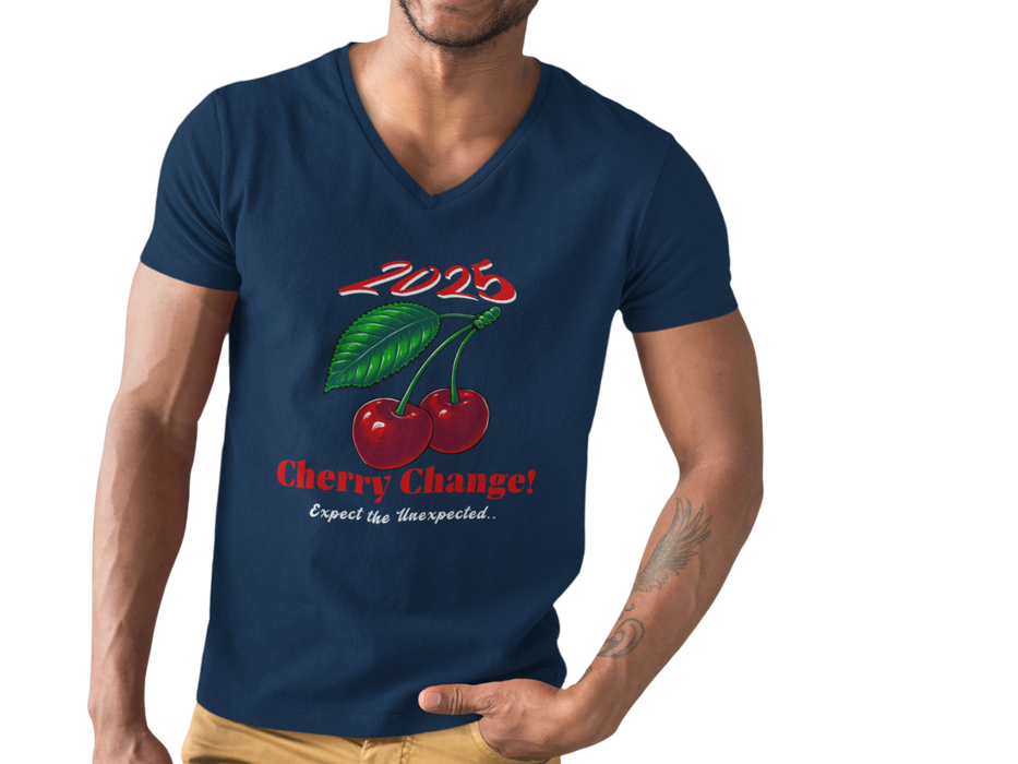 '2025 Cherry Change? Expect The Unexpected' Unisex Jersey Short Sleeve V-Neck Tee.