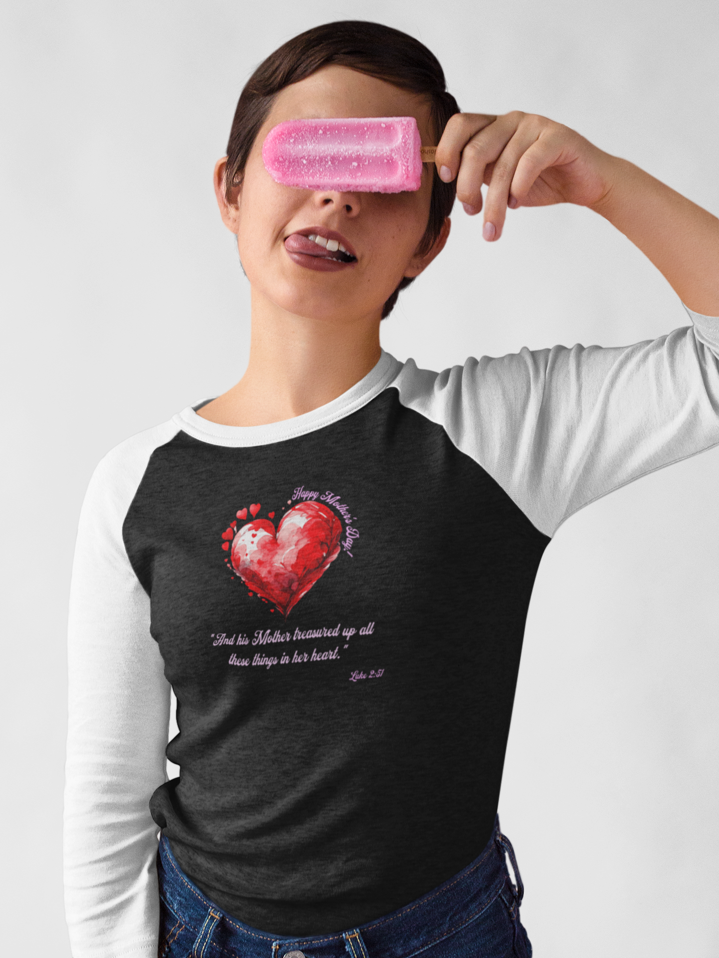 'Happy Mother's Day! "And His Mother Treasured Up All These Things In Her Heart"  2:51' Unisex 3\4 Sleeve Baseball Tee.